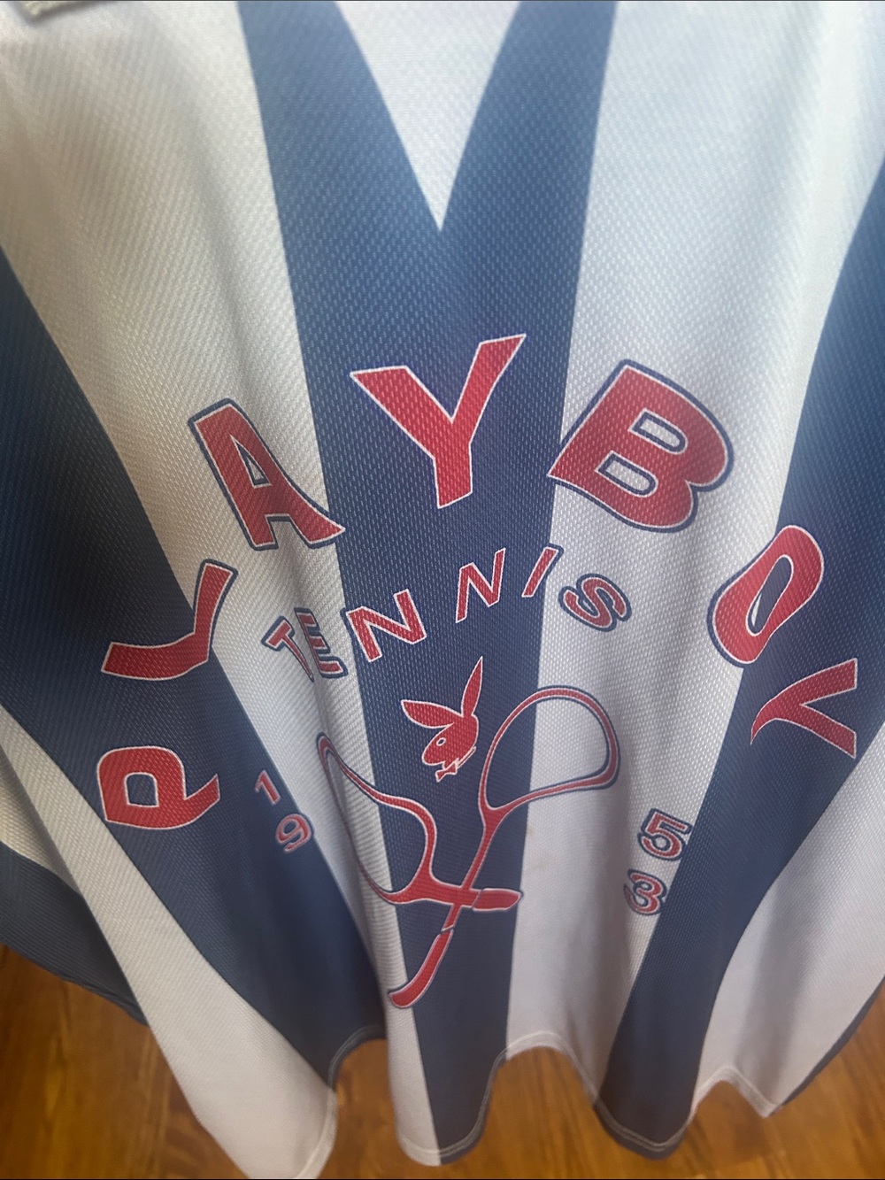 PLAYBOY Navy & White Striped Tennis Polo with Red Logo Accents